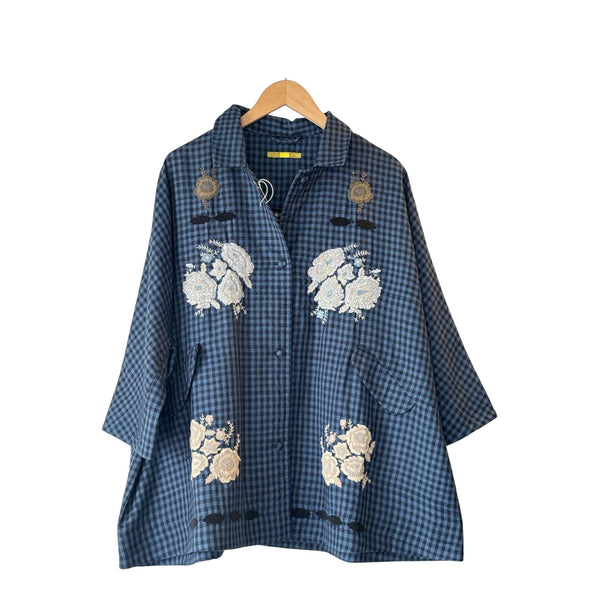 AODRESS Jacket Phils, Large Flower Beads in Dal Blue Checkered at Aleph Gallery
