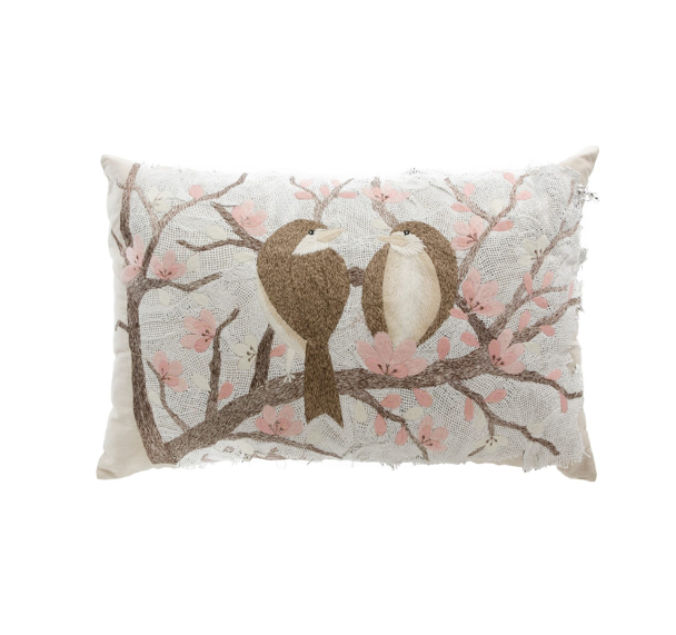 EMBROIDERED LOVE BIRDS PILLOW
