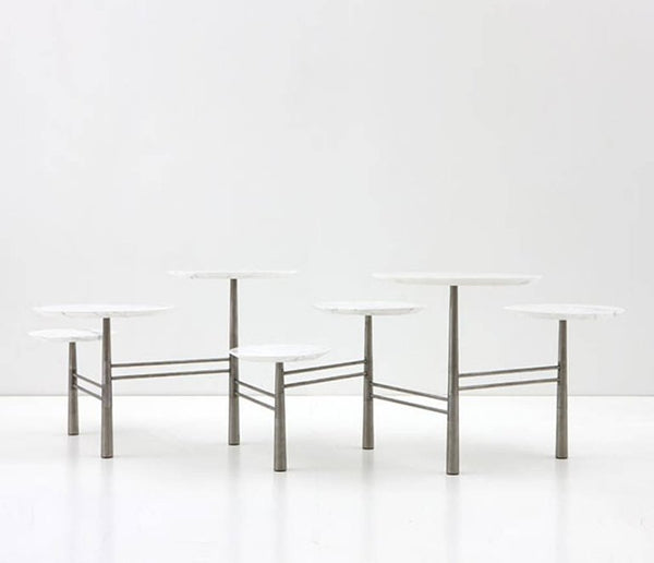 Nada Debs Pebble Table, White Marble, Brushed Steel Base at Aleph Gallery