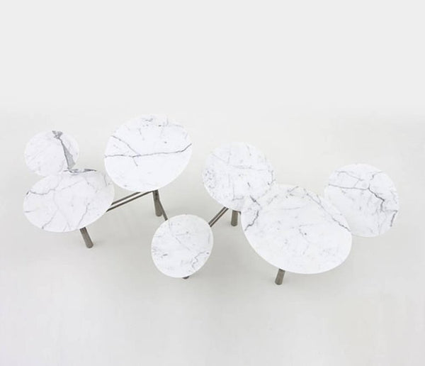 Nada Debs Pebble Low Table (Tapis d’Orient) in White Marble and Brushed Steel Base at Aleph Gallery