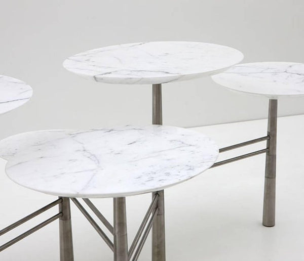 Nada Debs Pebble Table, White Marble, Brushed Steel Base